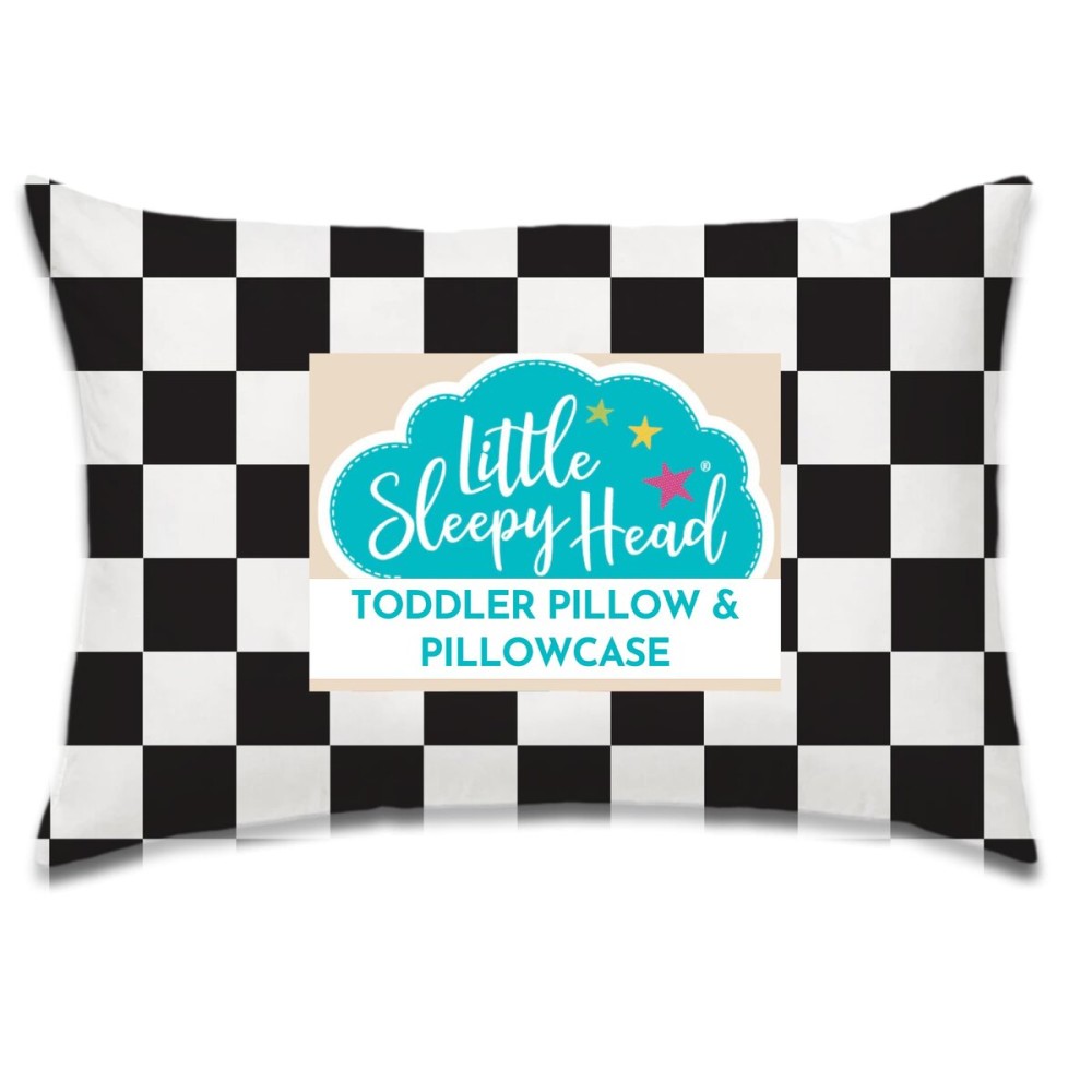 Little Sleepy Head Toddler Pillow with Pillowcase 13x18 - Kids Pillow for Sleeping - Better Neck Support Ergonomic Pillow and Toddler Pillowcase - Best Pillows for Kids (Checkers Black)