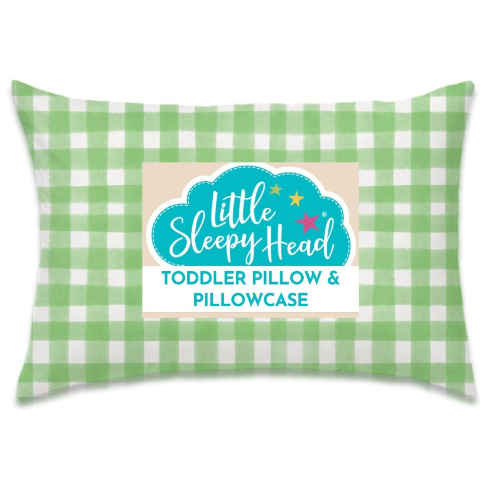 Little Sleepy Head Toddler Pillow with Pillowcase 13x18 - Kids Pillow for Sleeping - Better Neck Support Ergonomic Pillow and Toddler Pillowcase - Best Pillows for Kids (Gingham Green)