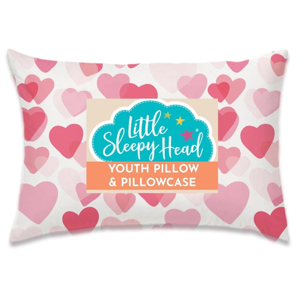 Little Sleepy Head Youth Pillow with Pillowcase 16x22, Soft Jumbo Toddler Pillows, Hypoallergenic Pillow Case - Best Kids Pillows for Sleeping, Perfect Kids Travel Pillows (Heart Pink)