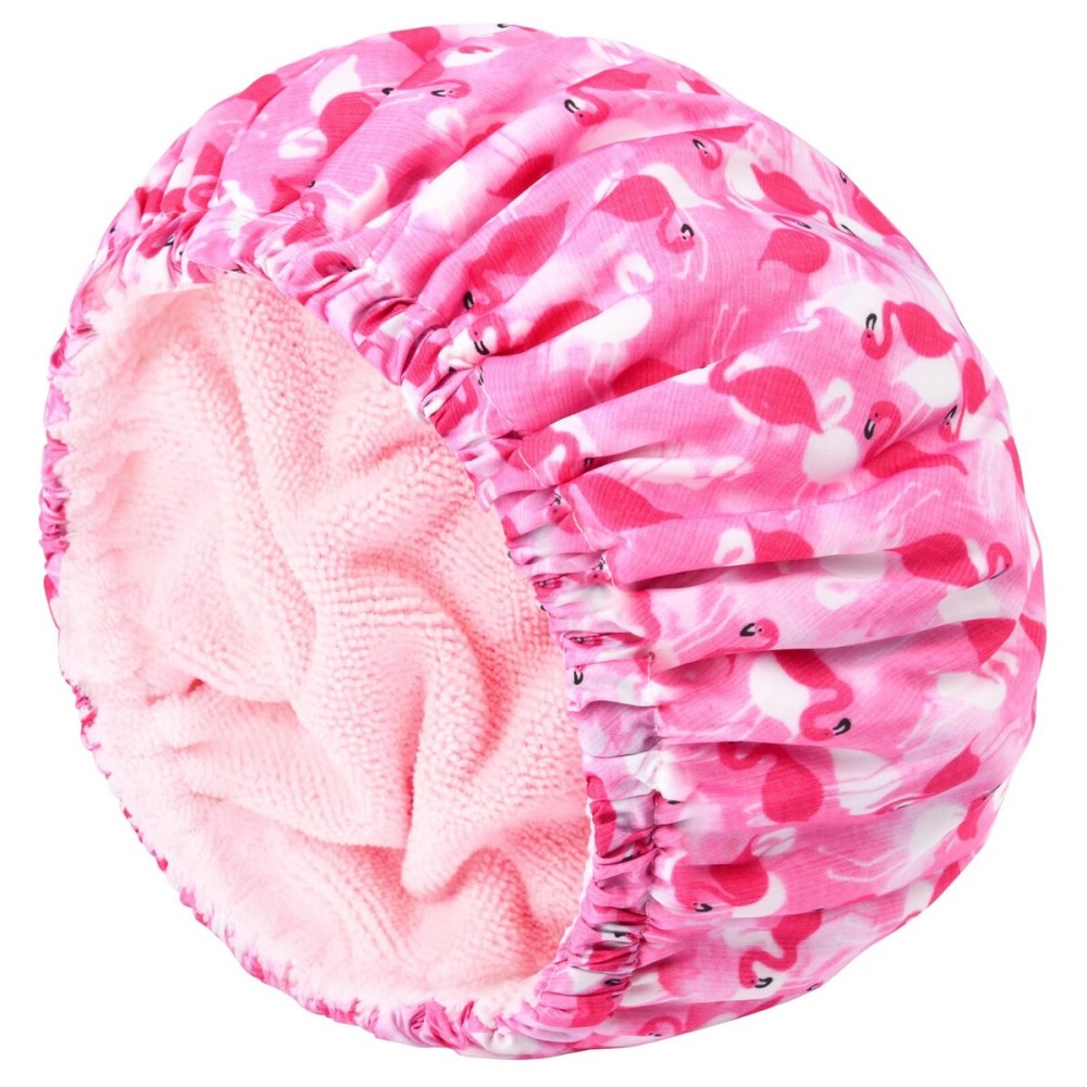 Shower Cap for Women Terry Lined Bath Cap Large Reusable Waterproof Elastic Band Pink Flamingo Shower Caps for Long Thick Hair Soft Bath Shower Hair Caps