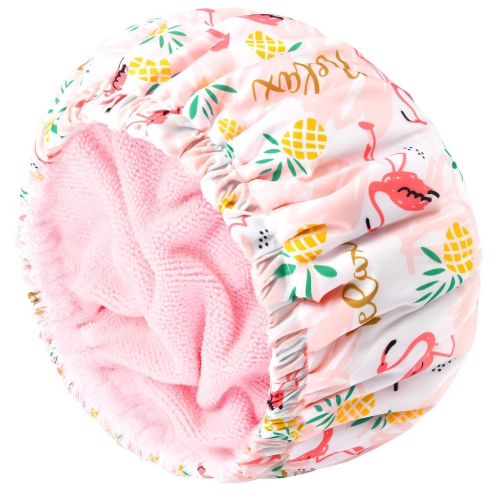 Shower Cap for Women Terry Lined Bath Cap Large Reusable Waterproof Elastic Band Pink Flamingo Shower Caps for Long Thick Hair Soft Bath Shower Hair Caps