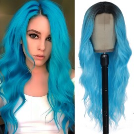 HMHIFI Long Blue Wig for Women 26Inch Wavy Curly Ombre Blue Hair Wigs Synthetic Hair Replacement Wig Heat Resistant Hair Wig for Daily Party Use(26\'\' blue)