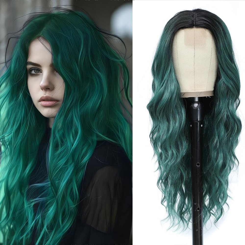Long Green Wig for Women 26Inch Wavy Curly Ombre Green Hair Wigs Synthetic Hair Replacement Wig Heat Resistant Hair Wig for Daily Party Use(26\'\' green)