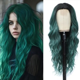 Long Green Wig for Women 26Inch Wavy Curly Ombre Green Hair Wigs Synthetic Hair Replacement Wig Heat Resistant Hair Wig for Daily Party Use(26\'\' green)