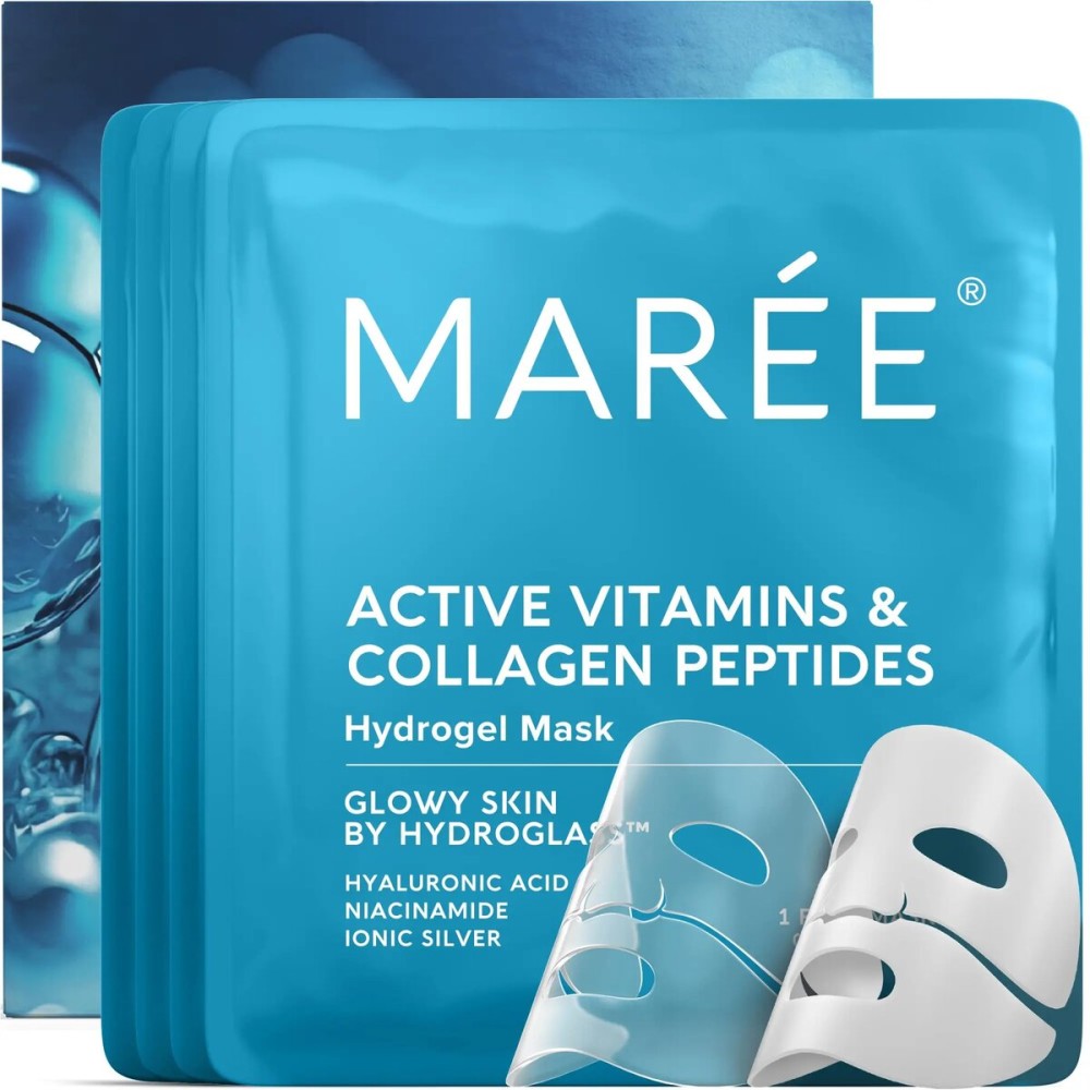 MAREE Hydrogel Collagen Facial Mask with Hyaluronic Acid - Hydrating Face Masks Skincare - Niacinamide, Amino Acids & Red Algae Extract - Facial Masks For Women - Mascarillas Para La Cara - 4 Count