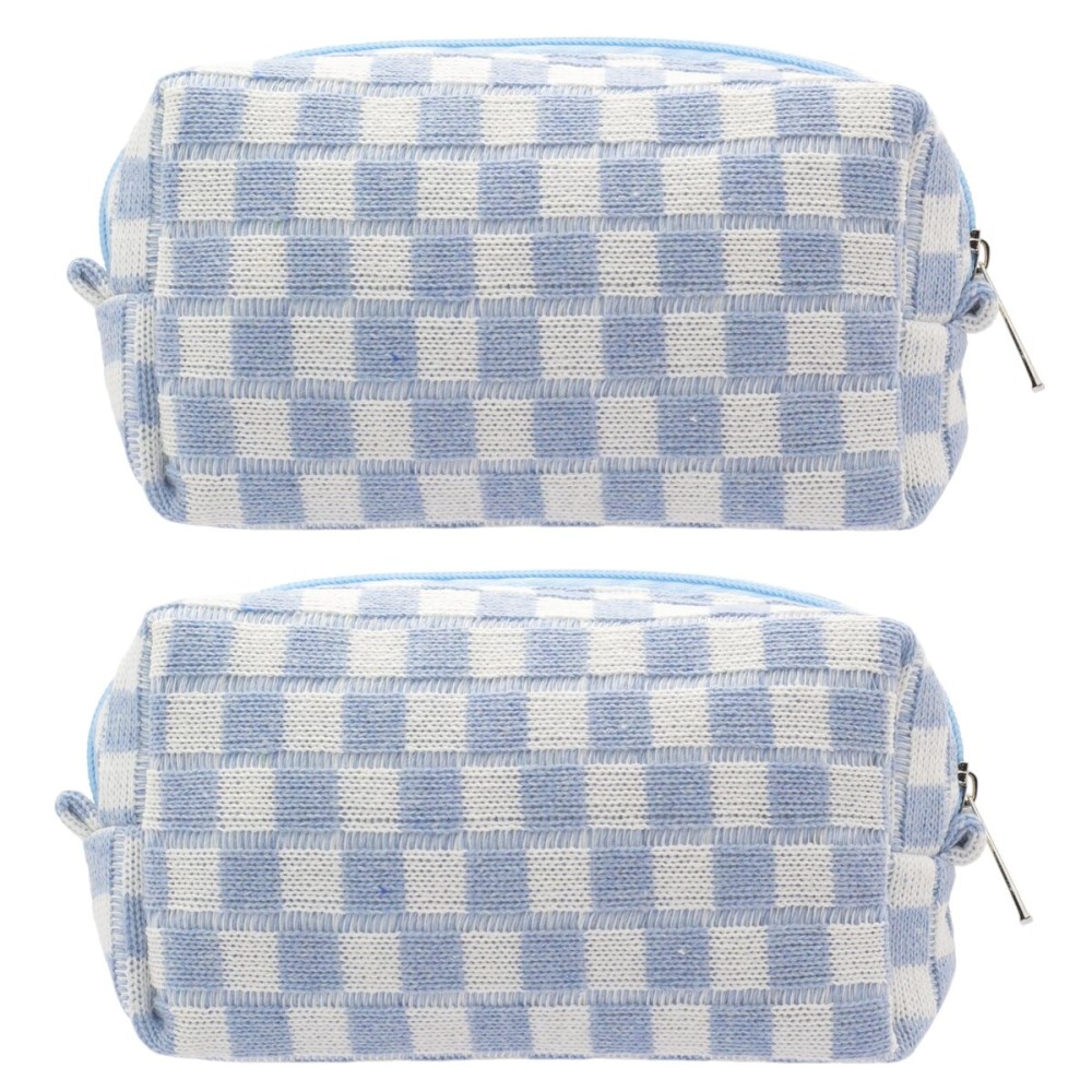PAZIMIIK Checkered Makeup Bag for Purse Portable Zipper Make Up Pouch Small Cosmetic Case for Travel Accessories (2PCS Blue)
