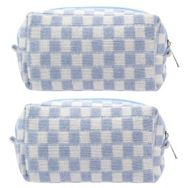 PAZIMIIK Checkered Makeup Bag for Purse Portable Zipper Make Up Pouch Small Cosmetic Case for Travel Accessories (2PCS Blue)