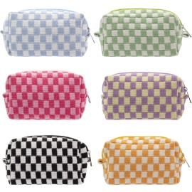 PAZIMIIK Checkered Makeup Bag for Purse Portable Zipper Make Up Pouch Small Cosmetic Case for Travel Accessories (6PCS Colorful)