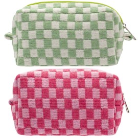 PAZIMIIK Checkered Makeup Bag for Purse Portable Zipper Make Up Pouch Small Cosmetic Case for Travel Accessories (2PCS Hotpink Light Green)