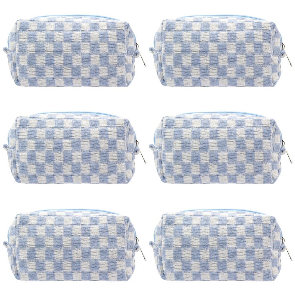 PAZIMIIK Checkered Makeup Bag for Purse Portable Zipper Make Up Pouch Small Cosmetic Case for Travel Accessories (6PCS Blue)