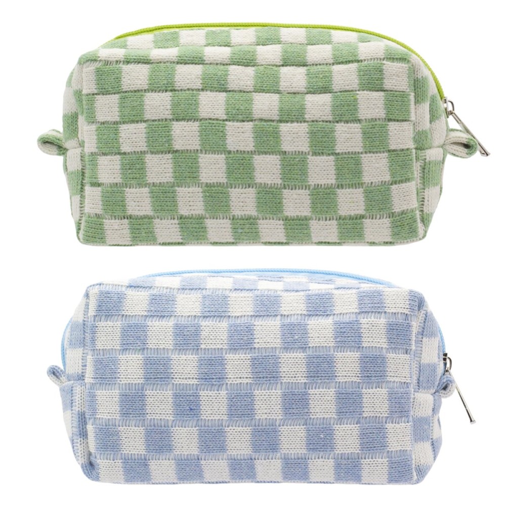 PAZIMIIK Checkered Makeup Bag for Purse Portable Zipper Make Up Pouch Small Cosmetic Case for Travel Accessories (2PCS Blue Light Green)