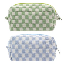 PAZIMIIK Checkered Makeup Bag for Purse Portable Zipper Make Up Pouch Small Cosmetic Case for Travel Accessories (2PCS Blue Light Green)