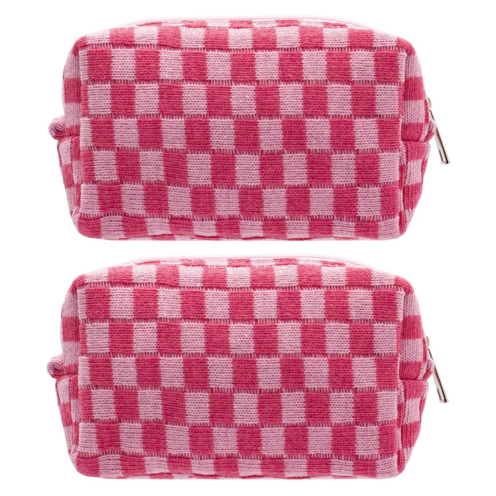PAZIMIIK Checkered Makeup Bag for Purse Portable Zipper Make Up Pouch Small Cosmetic Case for Travel Accessories (2PCS Hotpink)