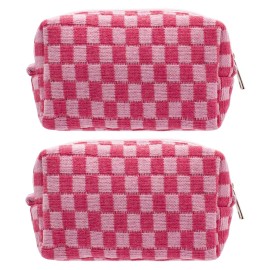 PAZIMIIK Checkered Makeup Bag for Purse Portable Zipper Make Up Pouch Small Cosmetic Case for Travel Accessories (2PCS Hotpink)