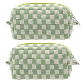 PAZIMIIK Checkered Makeup Bag for Purse Portable Zipper Make Up Pouch Small Cosmetic Case for Travel Accessories (2PCS Light Green)