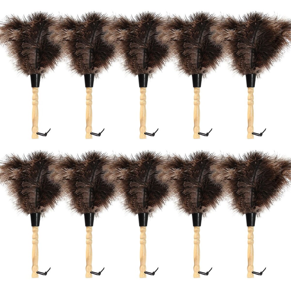 iHUFeather Ostrich Feather Duster 14 inch Fluffy Natural Genuine Ostrich Feathers with Wooden Handle and Eco-Friendly Reusable Handheld Ostrich Feather Duster for Cleaning Supplies(10PCS)