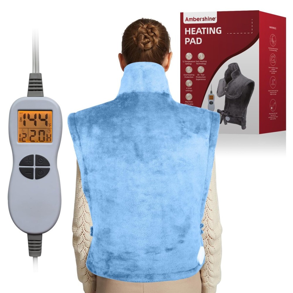 Ambershine 26x35 XXXL King Size Neck& Shoulder& Back Heating Pad with 12 Temperature Settings& 4 Auto-Off Countdown Timers, Pain Relief for Back/Neck/Shoulder, Christmas gift for mom dad(Light Blue)