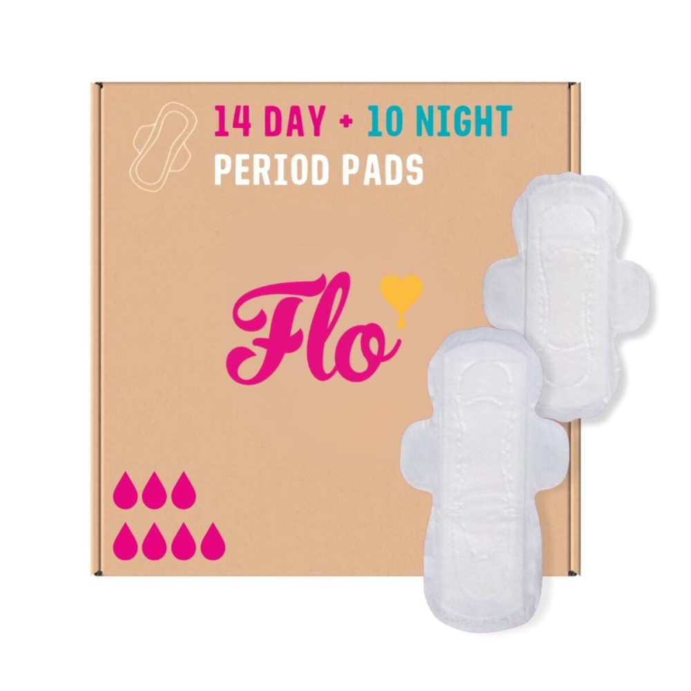 Flo - Day + Night Menstrual Pads (14 Day + 10 Night) - Winged + Ultra Thin - Natural, Absorbent, Soft, & Breathable - Organic Bamboo Period Pads for Women - Plant Based - Vegan & Cruelty Free