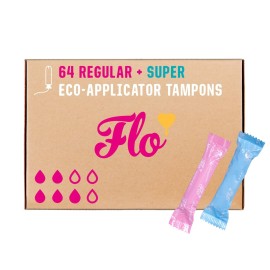Flo - Organic Cotton Tampons for Women - 64 Pack (36 Regular, 28 Super) - Leak Proof - No Synthetic Fibers, Chlorine Bleach, Added Dyes - Bio-Plastic Applicator - Feminine Care - Vegan & Cruelty Free