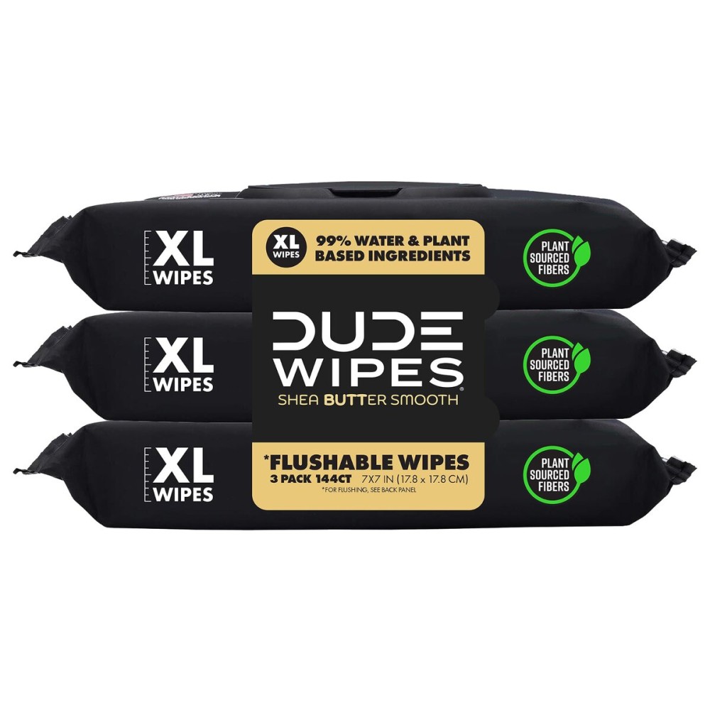 DUDE Wipes - Flushable Wipes - 3 Pack, 144 Count - Shea BUTTer Smooth Extra-Large - Vitamin-E & Aloe - Septic and Sewer Safe