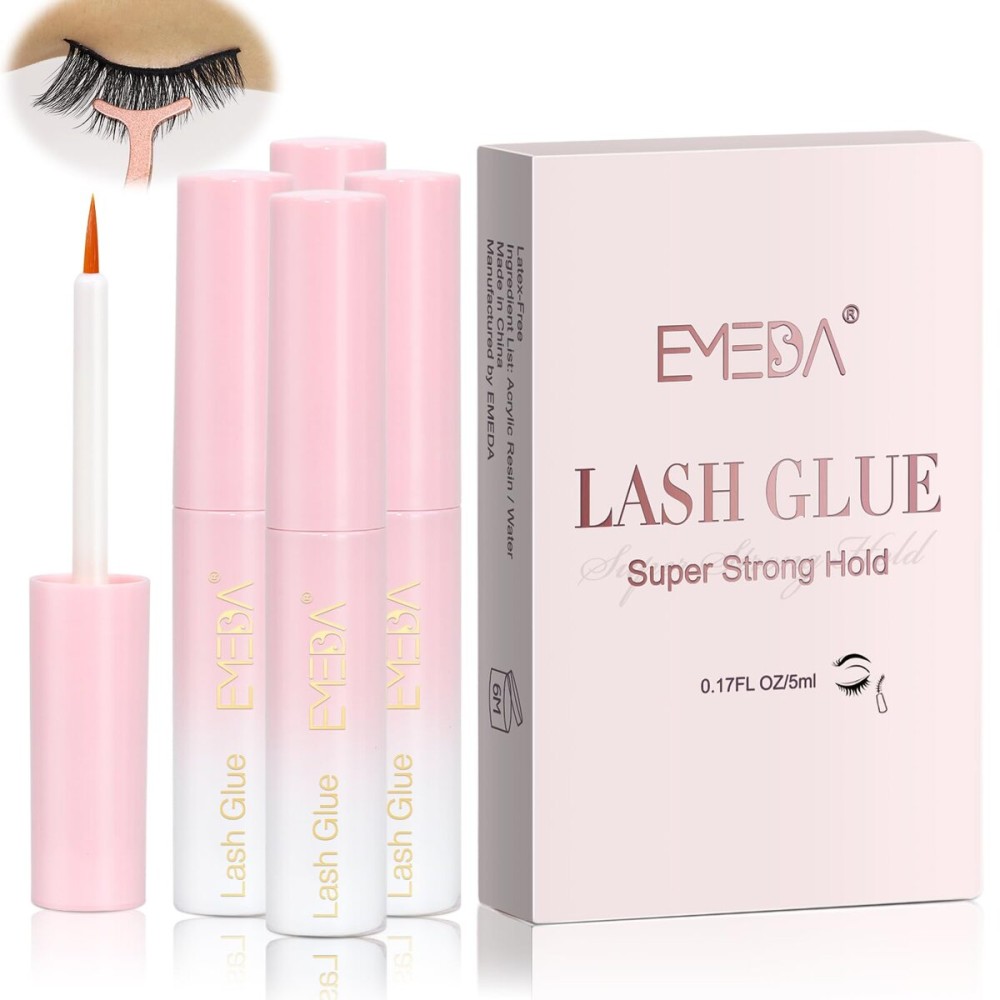 EMEDA Eyelash Glue 4Pcs 20g/0.68 oz Clear Lash Glue, Waterproof, Super Strong Hold, Latex Free, Hypoallergenic, Formaldehyde-Free White Strip Eyelash Adhesive EMEDA