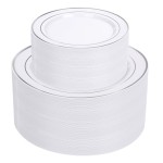 Supernal 102pcs White and Silver Plastic Plates Disaposable Party Plates White Silver Rim Heavy Duty Fancy Silver Plastic Dinnerware Set included 51 Dinner & Dessert Plates for Birthday and Wedding