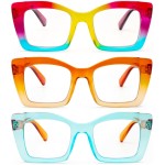 REAVEE 3 Pack Oversized Square Reading Glasses Oprah Style for Women, Blue Light Blocking Large Frame Computer Designer Fashion Readers with Spring Hinge (Rainbow/Orange/Cyan,2.75)