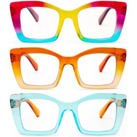 REAVEE 3 Pack Oversized Square Reading Glasses Oprah Style for Women, Blue Light Blocking Large Frame Computer Designer Fashion Readers with Spring Hinge (Rainbow/Orange/Cyan,2.75)