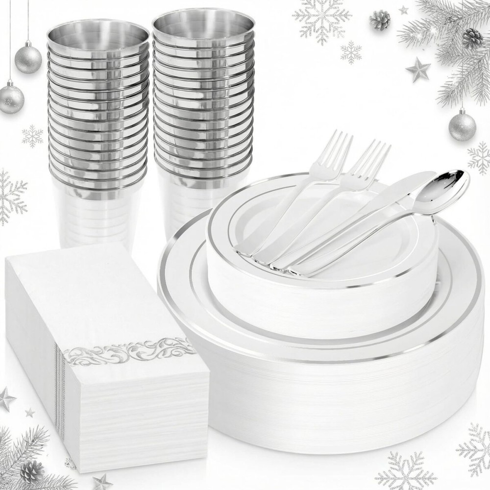 Supernal 200pcs Silver Plastic Dinnerware Sets for 25 Guests included Silver Silverware Set & Plastic Plates heavy duty Disposable Cups and Paper Napkins Disposable for Party Birthday and Wedding