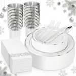 Supernal 200pcs Silver Plastic Dinnerware Sets for 25 Guests included Silver Silverware Set & Plastic Plates heavy duty Disposable Cups and Paper Napkins Disposable for Party Birthday and Wedding