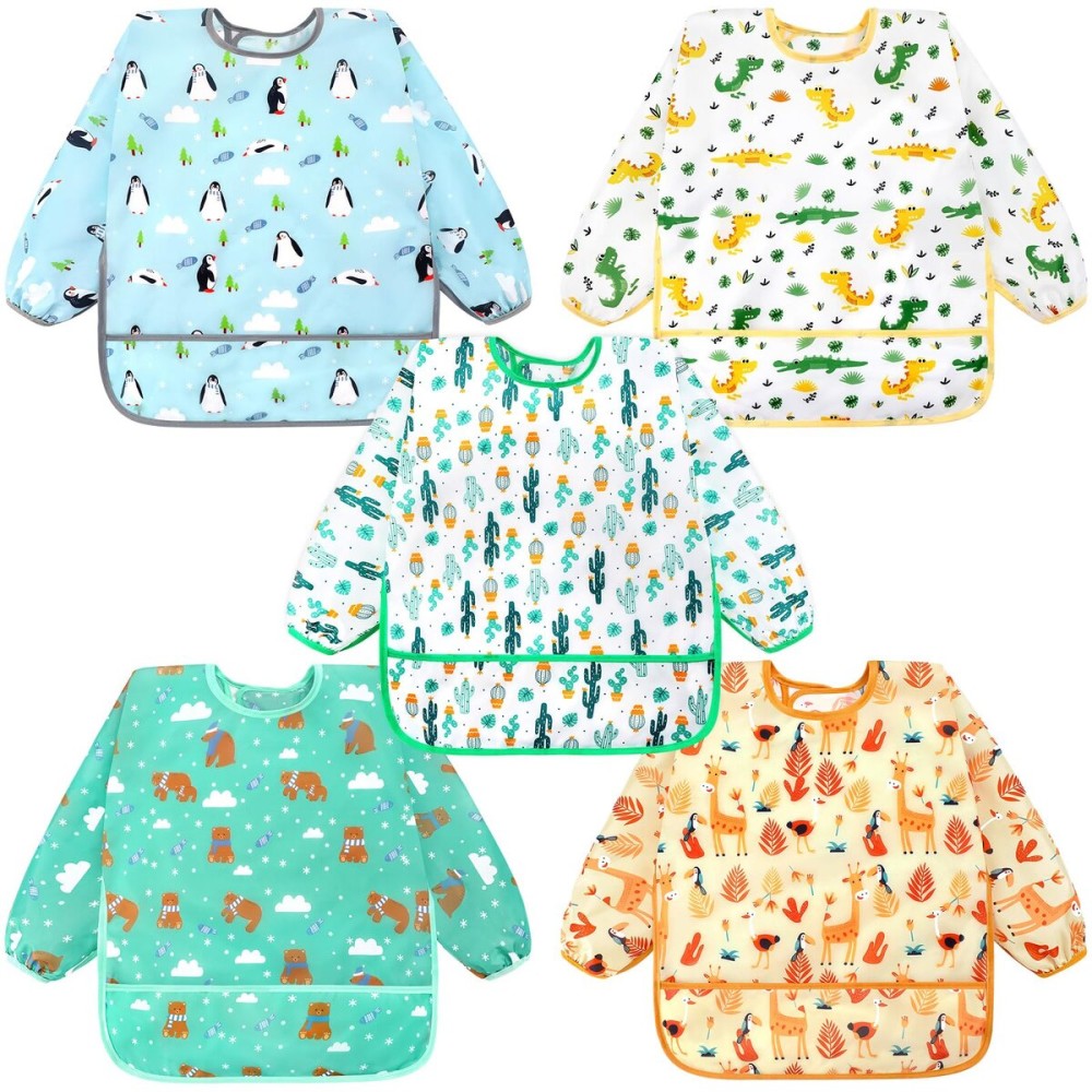 Accmor 5 Pack Long Sleeve Bibs, Baby Smock Waterproof Sleeved Bib Smock for Baby Toddler 24-36 Months