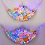 Unicorn Castle Stuffed Animals Net or Hammock Kids Toy Storage Organizer with LED Light Hanging Corner Stuffed Animals Holder Kids Girls Room Decor,Rainbow-A,Large (Pack of 2)