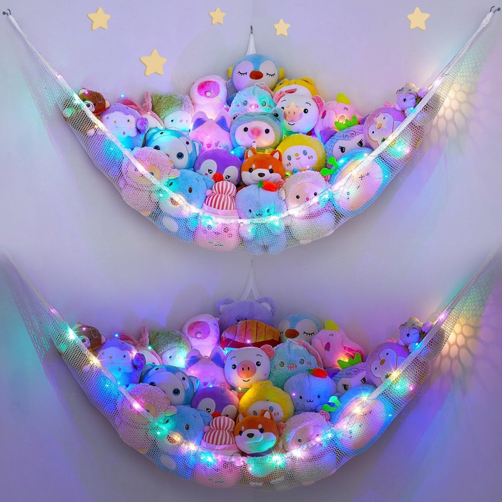 Unicorn Castle Stuffed Animals Net or Hammock Kids Toy Storage Organizer with LED Light Hanging Corner Stuffed Animals Holder Kids Girls Room Decor,White,Large (Pack of 2)