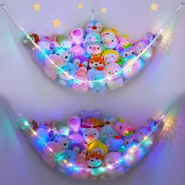 Unicorn Castle Stuffed Animals Net or Hammock Kids Toy Storage Organizer with LED Light Hanging Corner Stuffed Animals Holder Kids Girls Room Decor,White,Large (Pack of 2)