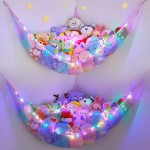 Unicorn Castle Stuffed Animals Net or Hammock Kids Toy Storage Organizer with LED Light Hanging Corner Stuffed Animals Holder Kids Girls Room Decor,Pink-Purple-Yellow,Large (Pack of 2)