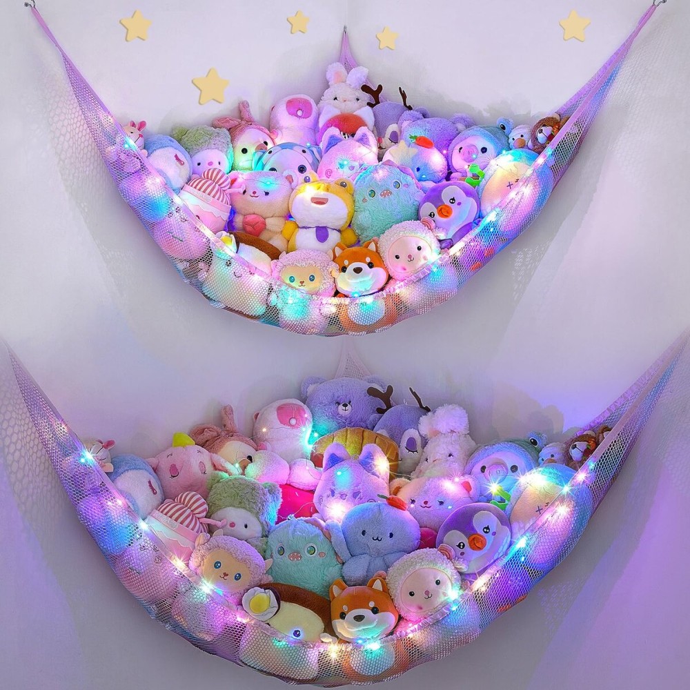 Unicorn Castle Stuffed Animals Net or Hammock Kids Toy Storage Organizer with LED Light Hanging Corner Stuffed Animals Holder Kids Girls Room Decor,Blue-Purple,Large (Pack of 2)
