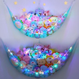 Unicorn Castle Stuffed Animals Net or Hammock Kids Toy Storage Organizer with LED Light Hanging Corner Stuffed Animals Holder Kids Girls Room Decor,Blue,Large (Pack of 2)