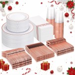 Supernal 400pcs Rose Gold Plastic Plates Disaposable Heavy Duty included Disposable Utensils& Plastic Party Plates Disaposable Party Cups and Napkins Sets for Wedding Party and Birthday