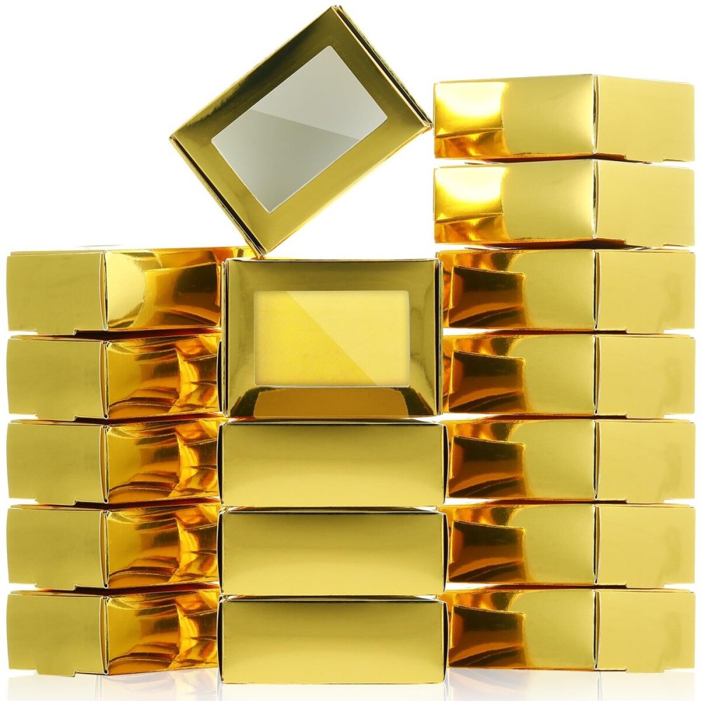 Zonon 30 Pcs Soap Boxes for Homemade Packaging, Mini Kraft Treat Boxes with Window for Bakery Candy Soap Making Gift Packaging(3.7 x 2.6 x 1.37 Inch,Gold)