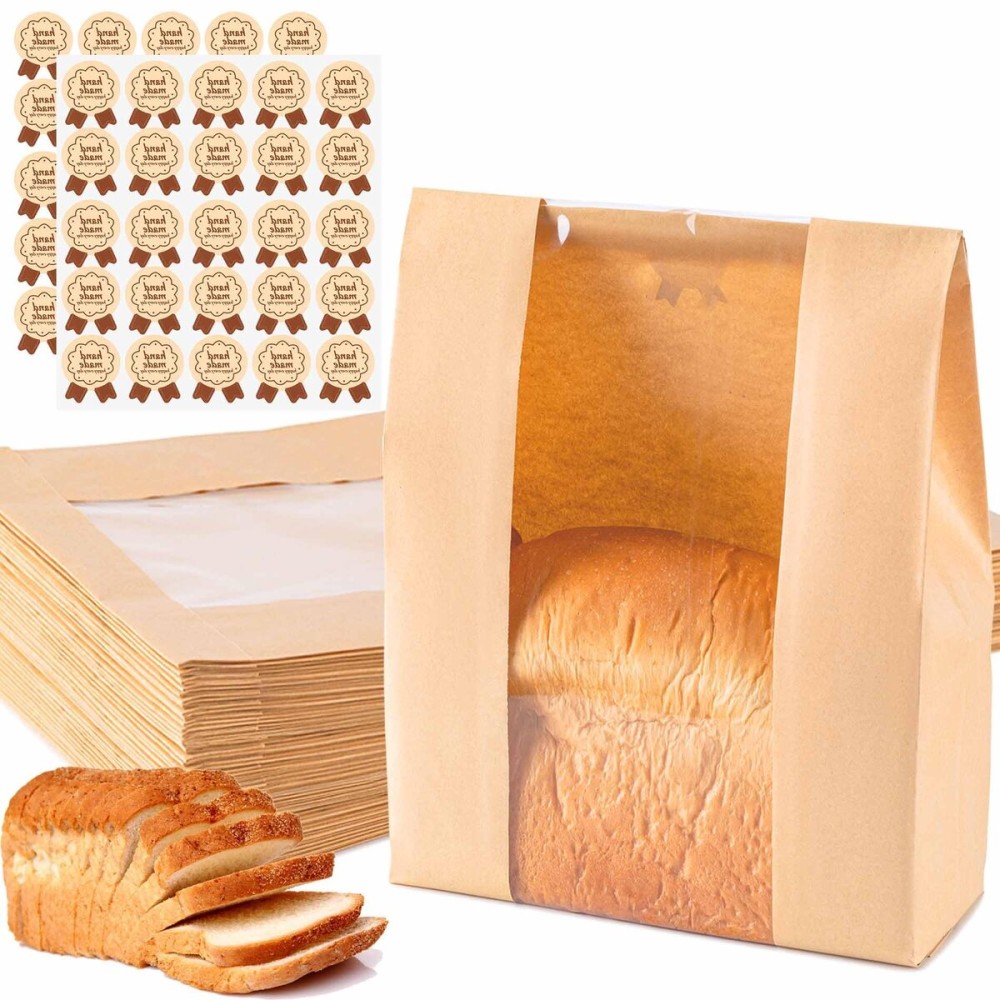 50Pcs Sourdough Paper Bread Bags for Homemade Bread with Window, Includes 50PCS Label Seal Stickers for Food Storage(50% Thicker 13.7x8.3x3.5 in - Large)
