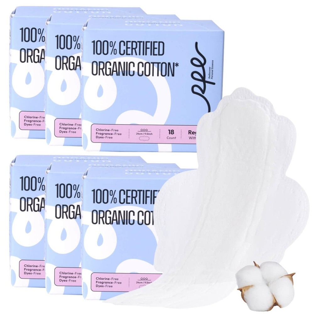 100% Organic Cotton Pads for Women, Ultra Thin Feminine Pads with Wings, Regular Absorbency Sanitary Napkins, Organic Unscented Period Menstrual Pad (Regular, Size 3, 108 Count)