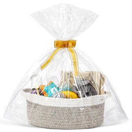 LANDNEOO Small Woven Basket with Gift Bags and Ribbons, Empty Decorative Gift Chest Box, Cute Baby Gift Basket for Nursery, Cotton Rope Room Shelf Storage Basket with Handles, 12x 8x 5, Brown