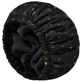 Shower Cap for Women Terry Lined Bath Cap Large Reusable Waterproof Elastic Band Black Star Shower Caps for Long Thick Hair Soft Bath Shower Hair Caps