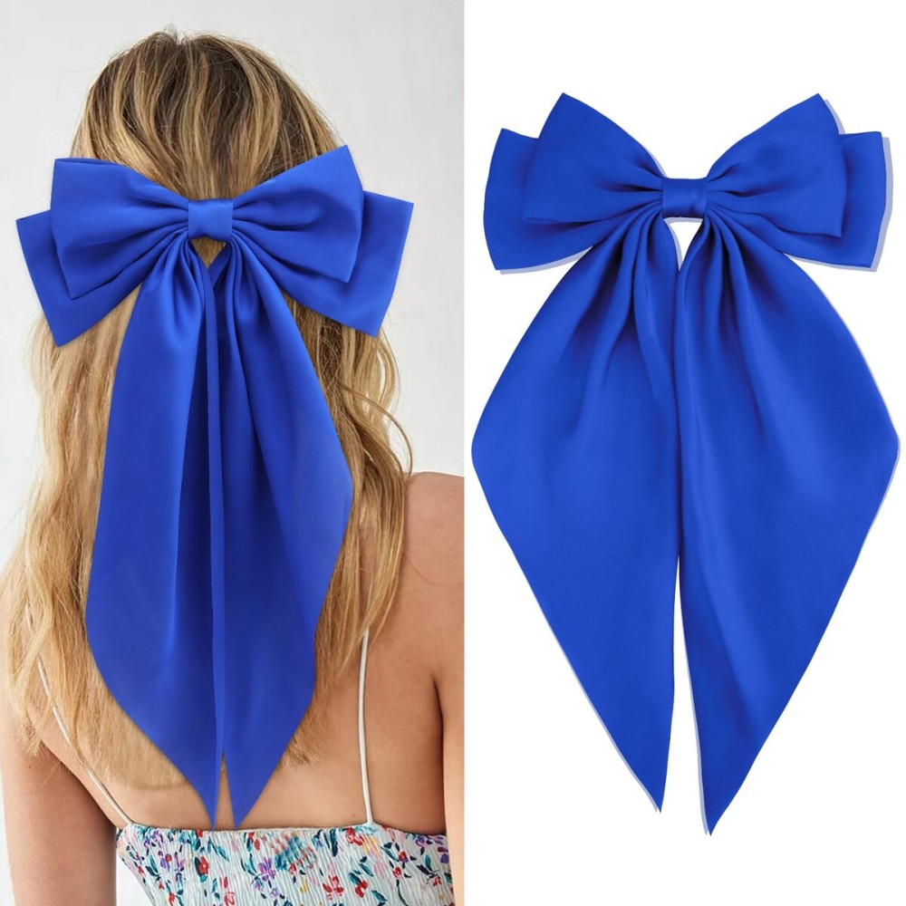 Velscrun Hair Bows for Women Girls Royal Blue Silky Satin Large Coquette Hair Bow Oversized Hair Ribbons Big Hair Bows Clip Long Tail Bowknot Hair Barrettes Halloween Christmas Hair Accessories