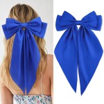 Velscrun Hair Bows for Women Girls Royal Blue Silky Satin Large Coquette Hair Bow Oversized Hair Ribbons Big Hair Bows Clip Long Tail Bowknot Hair Barrettes Halloween Christmas Hair Accessories