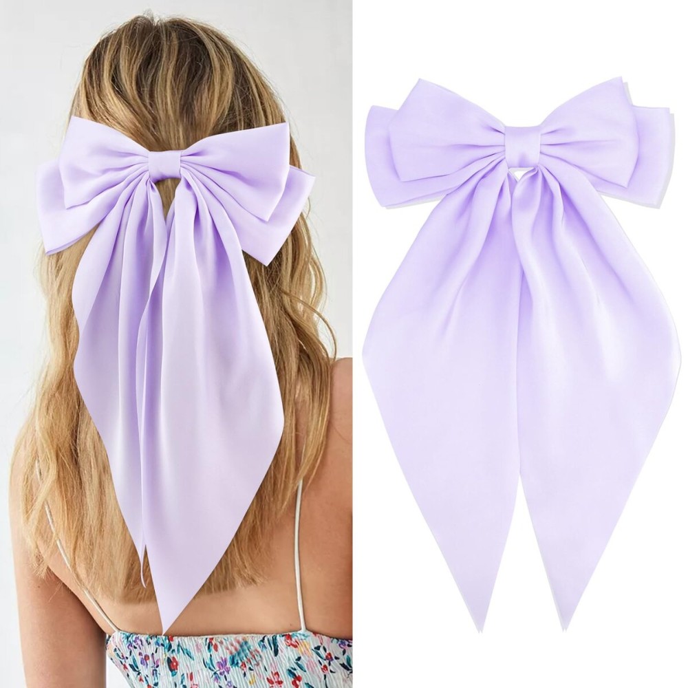 Velscrun Hair Bows for Women Girls Purple Silky Satin Large Coquette Hair Bow Oversized Hair Ribbons Big Hair Bows Clip Long Tail Bowknot Hair Barrettes Halloween Christmas Hair Accessories