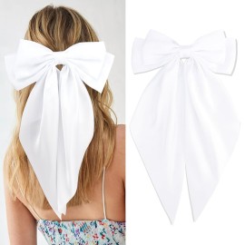 Velscrun Hair Bows for Women Girls White Silky Satin Large Coquette Hair Bow Oversized Hair Ribbons Big Hair Bows Clip Long Tail Bowknot Hair Barrettes Halloween Christmas Hair Accessories