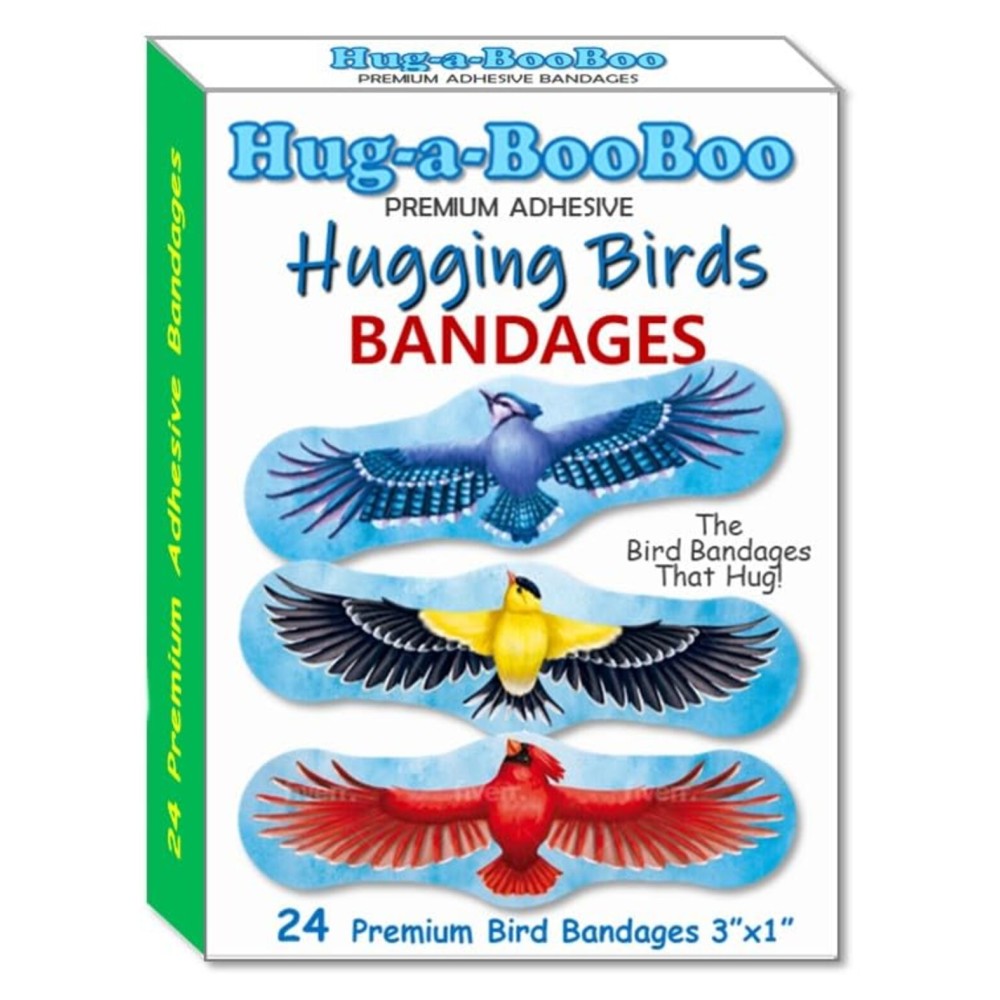 Hugging Birds - Premium Adhesive Bird Bandages from Hug-a-BooBoo, The Bird Bandages That Hug! Pretty Colorful Birds - American Goldfinch, Blue Jay, Red Cardinal, Indian Parrot 24 Ct Box