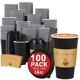 Lamosi 16 oz Coffee Cups with Lids 100 Pack, 16 oz Disposable Coffee Cup with Stir Sticks and Sleeves, To Go Hot Paper Cup for Home, Travel, Office