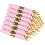Supernal Gold Plastic Silverware Set with Pre Rolled Pink Napkin-Disposable Cutlery with Pink Linen Napkin Gold, Wrapped Plastic Silverware Heavy Duty Suit for Birthdays, Parties, Weddings 30Packs